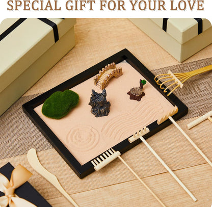 Soulchen 8 Pcs Mini Zen Garden Kit for Desk Decor DIY Your Own Zen Garden 8.5" x 6.7" Japanese Sand Tray 6 Rake Tools Meditation Gifts Set for Home Office Desktop Accessories Therapy Stress Relief