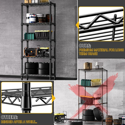1250 lbs 5 Tier Shelf Metal Storage Shelves Wire Rack Closet Organizers for Garage Kitchen Bathroom Laundry Black 11.8" D x 23.6" W x 59.5" H
