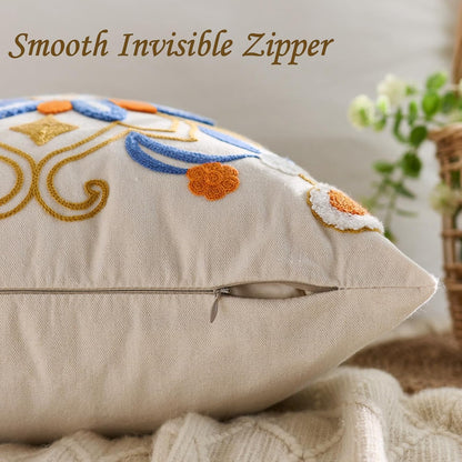 Embroidered Throw Pillow Cover 18x18 Classic Boho Floral Pattern Pillows Cover Outdoor Decorative Pillowcase,Durable Cozy Textured Cushion Case for Sofa Couch Bed Living Room,Orange Blue