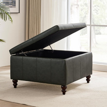 HUIMO Square Leather Storage Ottoman,Ottoman Coffee Table with Storage for Living Room (Vintagegreen)