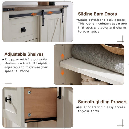 T4TREAM 5 Drawers Dresser for Bedroom w/Sliding Barn Door, Farmhouse Modern Tall Dresser 5 Chest of Drawers, Storage Organizer for Bedroom, Hallway, Living Room, Kids Room, Antique White