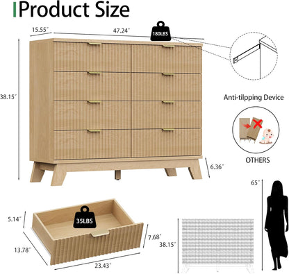 Fluted Dresser for Bedroom with 8 Drawers, 48" Wide Modern Chest of Drawers with Metal Handle, Wooden Dresser TV Stand, Wood Closet Clothes Storage Organizer for Living Room, Hallway, Natural Oak