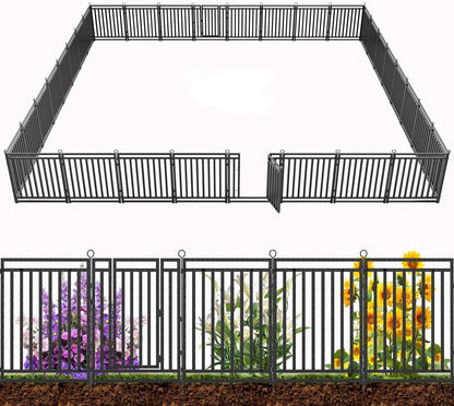 Decorative Garden Fence Metal Dog Fence Outdoor for Yard, 72ft (L) × 32in (H), 28 Panels + 4 Gates, Rustproof Animal Barrier Fencing for Patio & Flower Bed, No Dig, Black-Silver