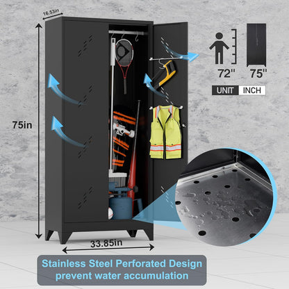 Metal Storage Cabinet with Lock Door, 75" Tall Garage Storage Cabinet with Hanging Rod, Broom Closet Bathroom Storage Cabinet, Cleaning Tool Cabinet