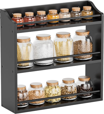 Bamboo Spice Rack Wall Mount or Tabletop Holder, 3-Tier Shelf for Seasoning Bottles Organizer, Medicine Holder (Black)
