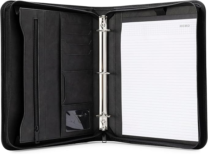Forevermore Portfolios Portfolio Organizer - 3 Ring Binder with Notepad - 1.5 Inch Rings - Zippered Storage Pockets for Papers, Travel Documents, Presentation Folder, Cards, Passport, Tickets - Black