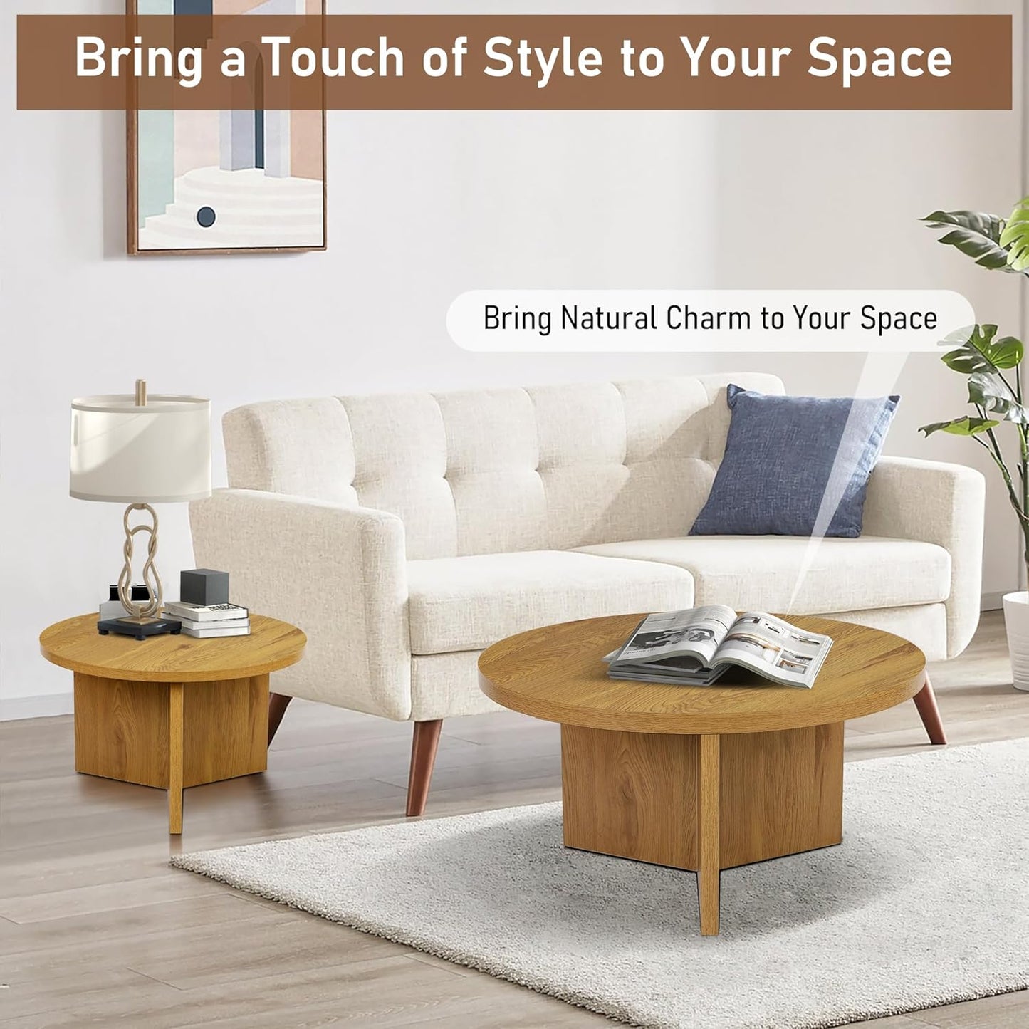 Round Nesting Coffee Tables Set of 2, Modern Stacking Table with Wood Grain Finish, End Table Side Tables for Living Room (Natural Oak)