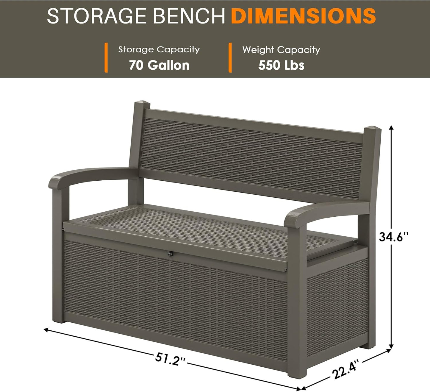 70 Gallon Deck Bench with Storage,Outdoor Storage Box Bench Waterproof&Lockable, Resin Patio Furniture with Armrest for Patio, Porch, Garden,Grey