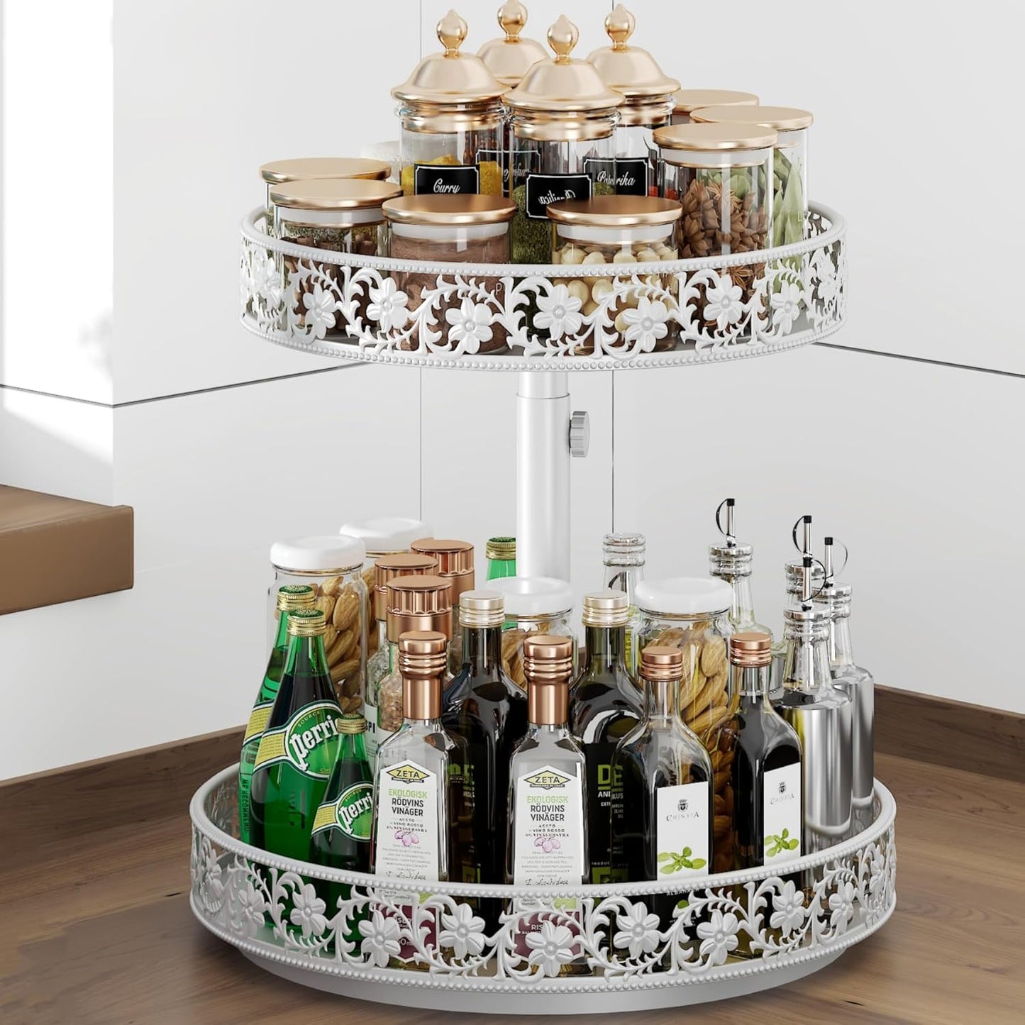 2 Tier Lazy Susan Organizer Turntable Adjustable,12 Inch Two Tier Lazy Susan Metal Easy Assembly Cleaning, Rotating Spice Rack Organizer for Cabinet Dining Table Kitchen Countertop White