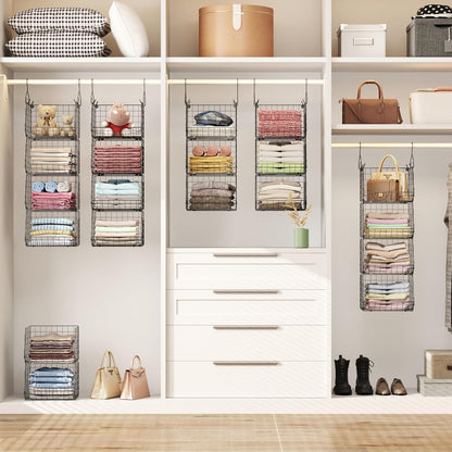 4 Tier Closet Hanging Organizer, Closet Organizers and Storage with 5 S Hooks, Closet Hanging Shelves & Freestanding Wire Storage Basket Bins, for Clothing Shoes Handbags Clutches Accessories Patent