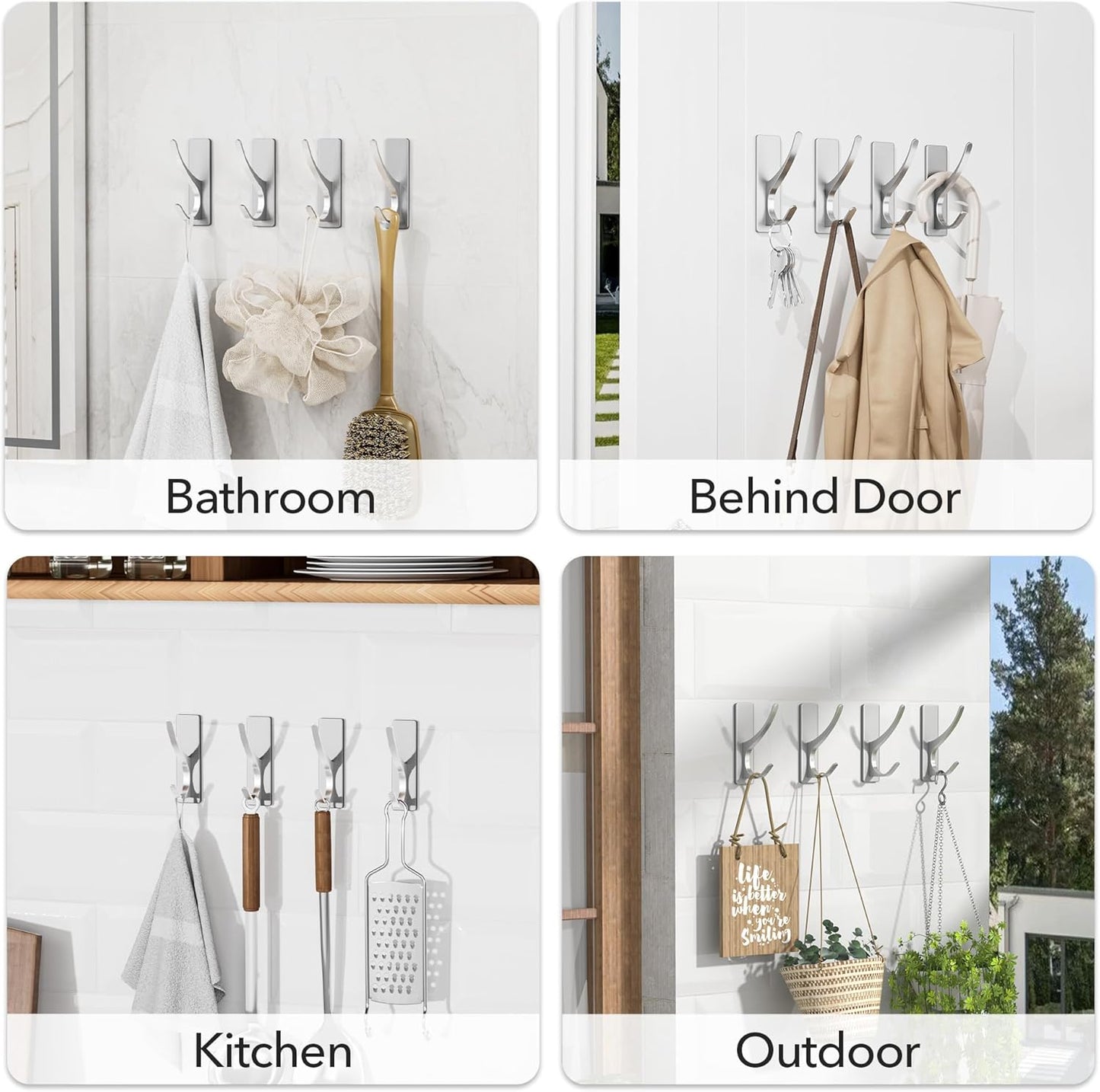 Self-Adhesive Coat Hooks for Hanging - Heavy Duty Stainless Double Wall Hook for Towel, Backpack, Hat, Sturdy Metal Hanger for Bathroom, Bedroom, Door, Wall Mounted, 4-Pack, Silver, New