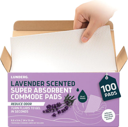 Lunderg Lavender Scented Super Absorbent Commode Pads - Medical Grade Value Pack 100 Count - for Disposable Bedside Commode Liners, Adult Chairs, Portable Buckets & Camping Toilet Bags - Light Scent