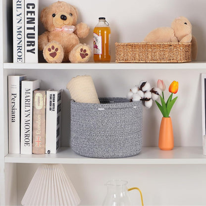 Small Basket for Organizing | Cube Shelf Closet Storage Baskets | 9.7×9.7×7.1” | Woven Rope Gift Basket | Nursery | Round 3 Packs Mixed Grey
