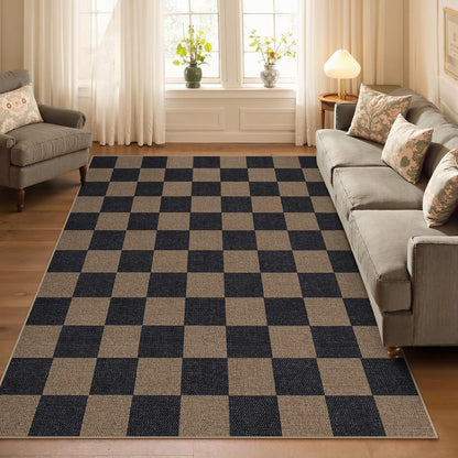 Lahome Checkered Easy Jute Living Room Rugs, 5x7 Black Dining Room Office Rug Farmhouse Washable Carpet, Checkerboard Neutral Non Slip Indoor Outdoor Carpet for Bedroom Entry Patio
