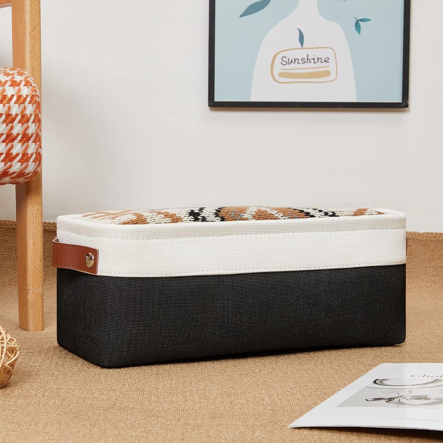 DULLEMELO Toilet Paper Storage Basket with Leather Handles, for Back of Toilet, Bathroom Storage for Towels & Paper (White & Black)