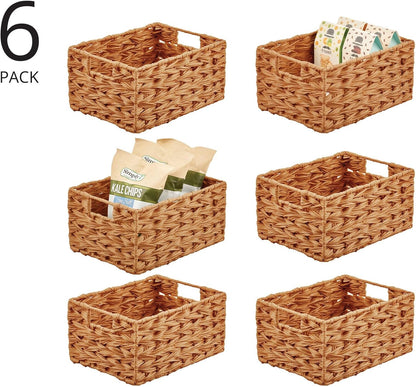 mDesign Woven Farmhouse Kitchen Pantry Food Storage Organizer Basket Bin Box - Container Organization for Cabinets, Cupboards, Shelves, Countertops - Store Potatoes, Onions, Fruit, 6 Pack, Camel Brown