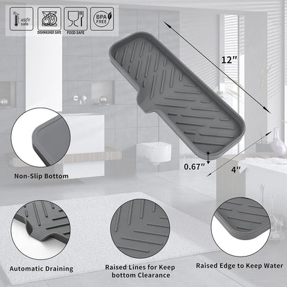 Silicone Bathroom Soap Dishes with Drain Spout-Bathroom and Kitchen Sink Organizer,Sponge Holder,Dish Soap Tray,Perfect for Dispenser,Scrubber,Bottle,Cup on Sink or Counter-Grey 12"×4"