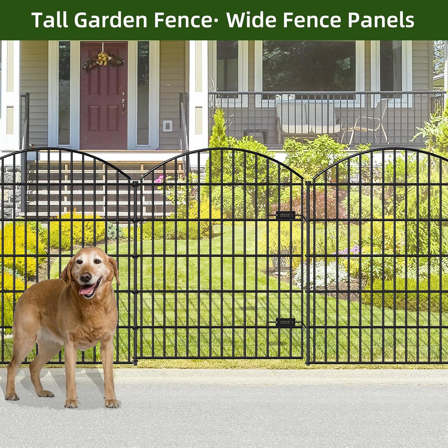 Metal Garden Gate and Fences Outdoor ECG1191, 1 Gate + 4 Fence Panels,43.2in Tall and Total Length 14.75ft, Heavy Duty Fencing for The Yard Privacy Temporary Animal Barrier for Dog, Black