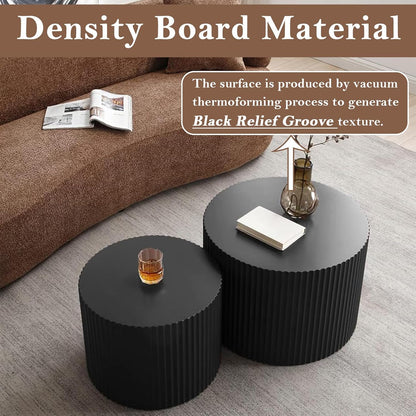 Round Nesting Coffee Table Black Round Fluted Coffee Table Set of 2 for Living Room Small Circle Drum Nested Coffee Tables (Black A 18in)