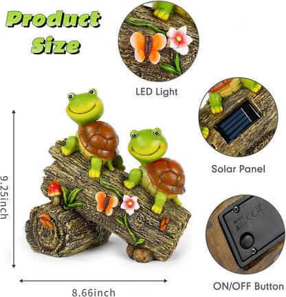 Garden Turtle Figurines Outdoor Decorations, Solar Powered Sweet Frog Face Turtles Resin Statue with 4 LED Lights, Garden Art Spring Fall Winter Christmas Decor for Patio Lawn Yard