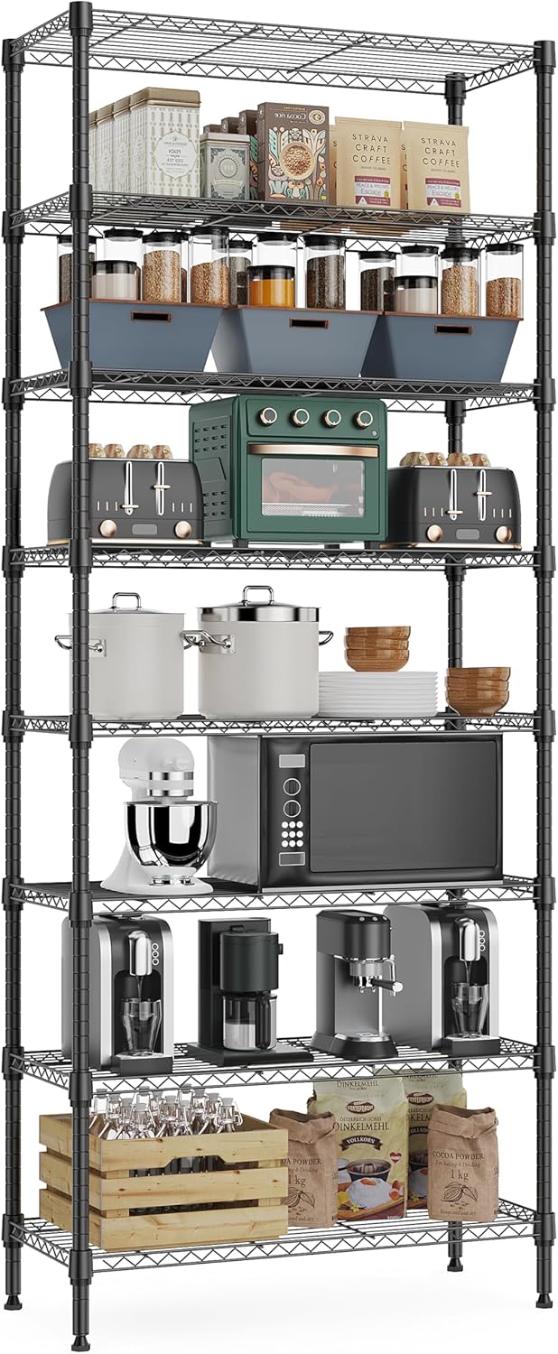 8 Tier 2000 lbs Storage Rack Metal Wire Shelving Unit, Storage Standing Shelf Organizer for Laundry Bathroom Kitchen Pantry Closet Garage Basement Utility Room, Black 13.8" D x 23.6" W x 79.5" H