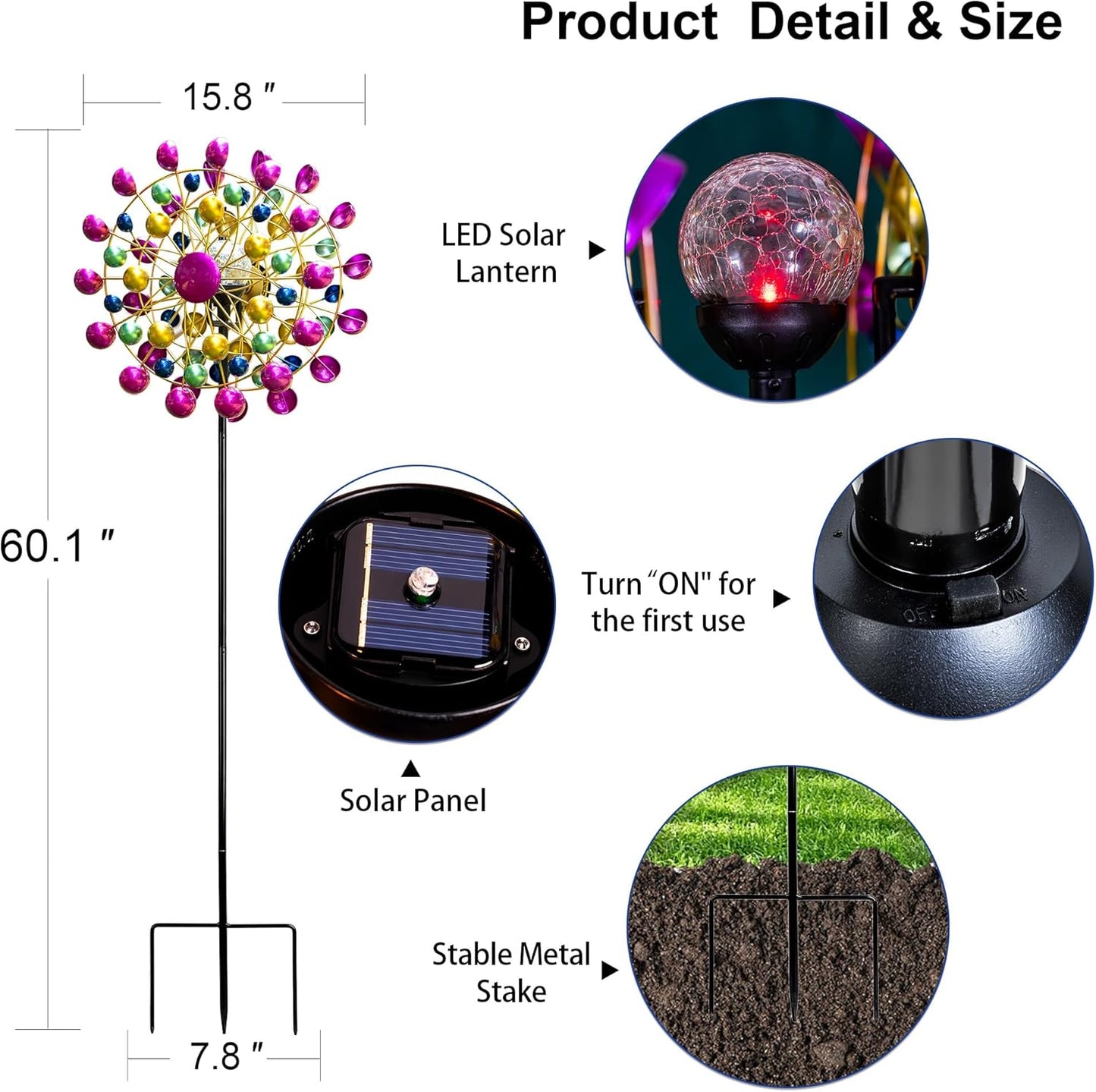 Large Wind Spinners Outdoor Solar Garden Decor Light - Unique Ferris Wheel Shaped Colorful Windmill, Durable Waterproof Design for Garden, Lawn, Patio