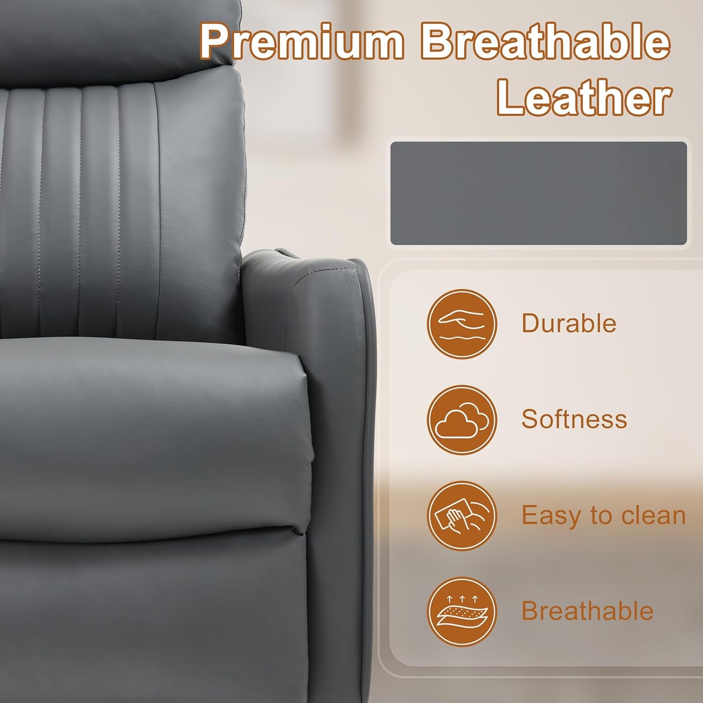 Manual Swivel Rocker Recliner Chair for Adults, Overstuffed Reclining Glider Chair for Nursing with Vibration Massage & Heat, Living Room Rocking Recliner 2-Stage backrest, Faux Leather Gray