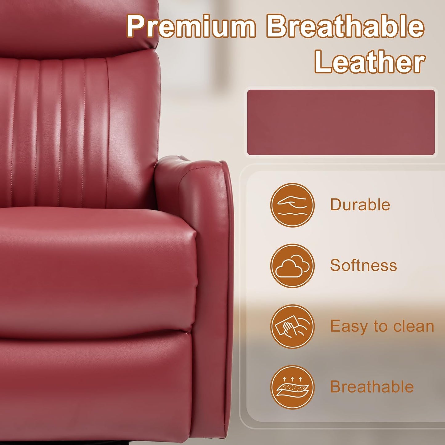 Manual Swivel Rocker Recliner Chair for Adults, Overstuffed Reclining Glider Chair for Nursing with Vibration Massage & Heat, Living Room Rocking Recliner 2-Stage backrest, Faux Leather Red