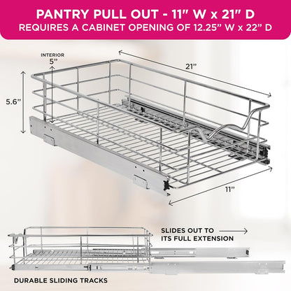 HOLDN’ STORAGE Heavy-Duty Premium Collection Pull Out Cabinet Organizer, Cabinet Drawer Slide Outs, Lifetime Limited Warranty - Basket Size 11" W x 21" D x 5" H, Anti-Rust Chrome Finish