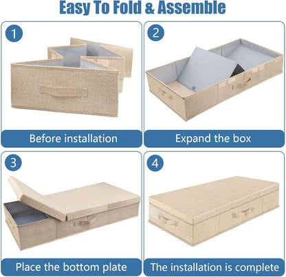 Underbed Storage Containers Bin with Lids (Set of 2) Large Under Bed Storage Organizer Box with Handle, Foldable Under the Storage Bags for Organizing Clothes, Shoes, Blankets, Pillows-Khaki