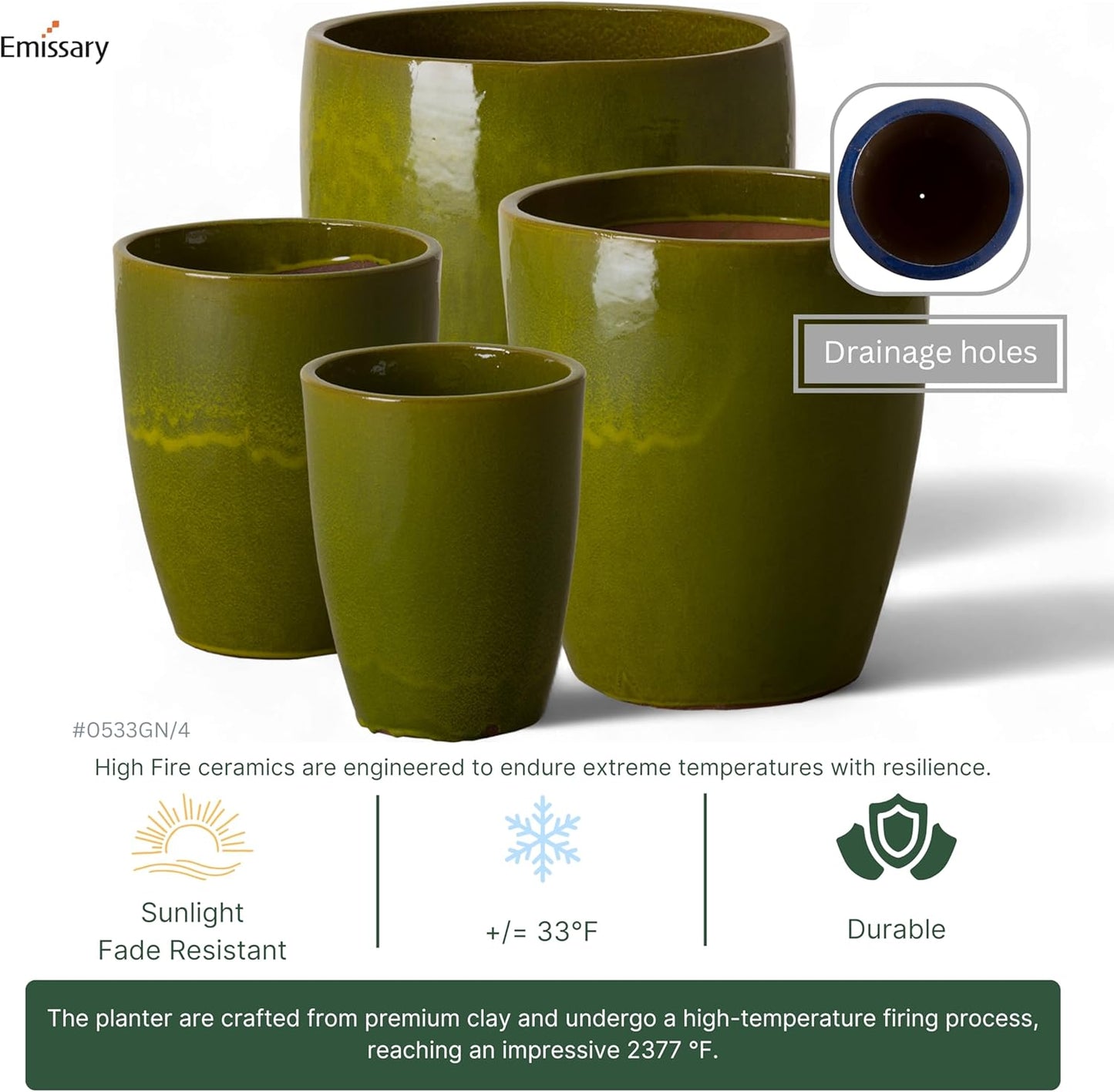 Emissary Home and Garden Bullet 12in., 14in., 15.5in., 21in. H Green Ceramic Round Planters with Drainage Hole (Set of 4)