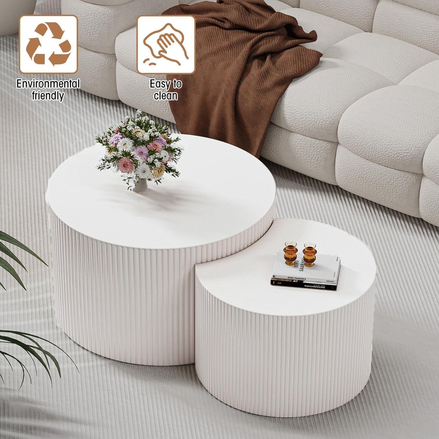 WXFKLDJ Round Nesting Coffee Table Set Cylindrical Wooden Coffee Table Sofa Center Table Circle Embossed Design Side Table for Living Room Apartment No Assembly (C-Shaped Small)