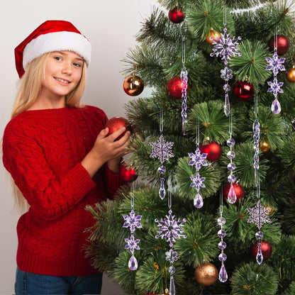 18pcs Crystal Christmas Ornaments for Christmas Tree Decorations-Purple Hanging Acrylic Snowflake and Icicle Ornaments with Drop Pendants for New Year Party Decorations Supplies
