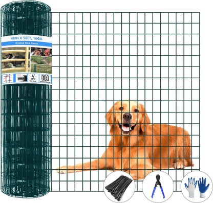 Welded Wire Fence, 50ft(L) x 48inch(H) Garden Fence for Dog, 2 Inch x 3 Inch 16GA Fencing for Chicken, PVC Coated Anti-Rust Roll Metal Wire Mesh Fence for Yard Vegetable, Green