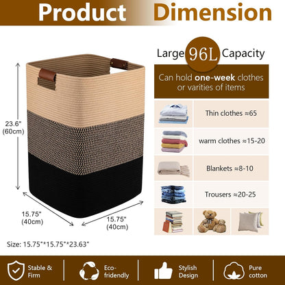 Laundry Hamper 96L Extra Large Laundry Basket, Woven Blanket Basket, Cotton Woven Storage Hamper with Handles for Living Room, Large Baskets for Pillows, Blankets, Clothes-Black & Yellow