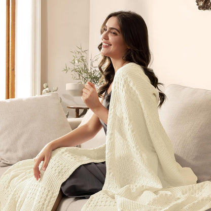 PHF Cooling Waffle Blanket Twin Size, Lightweight 60% Rayon Derived Bamboo & 40% Cotton Breathable Blanket for Hot Sleepers, Soft and Luxury for Bed Couch and Sofa, 66"x90", Ivory