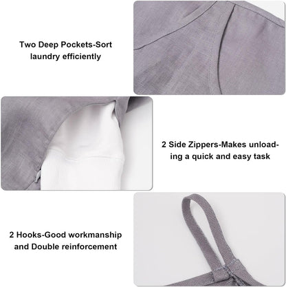 100% Pure Linen Dual Hanging Laundry Bag with 2 Deep Pocket and 2 Side Zipper 20x27in, Over The Door Laundry Hamper Space Saving Hampers for Dirty Clothes Home Travel, Grey