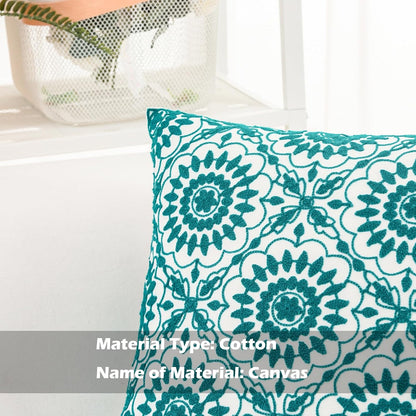 HWY 50 Teal Decorative Throw Pillow Covers 18x18 Inch (1 Piece), Embroidered Cotton Farmhouse Cushion Cover Pillow Case for Sofa Couch Living Room Bed, Little Sunflower