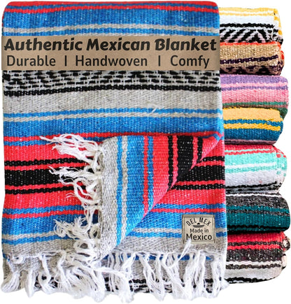 Del Mex Classic Mexican Blanket, Large Authentic Woven Falsa Throw (70"x50"), Artisan Southwest Décor for Beach, Yoga, Outdoors (Salmon/Blue)