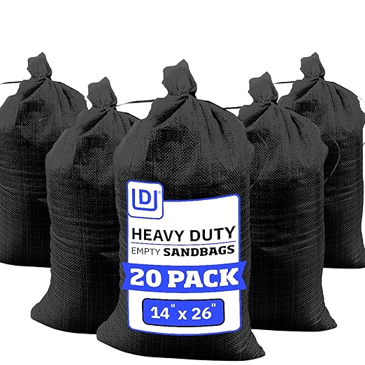 DURASACK Heavy Duty Sand Bags with Tie Strings Empty Woven Polypropylene Sand-Bags for Flood Control with 1600 Hours of UV Protection, 50 lbs Capacity, 14x26 inches, Black, Pack of 20