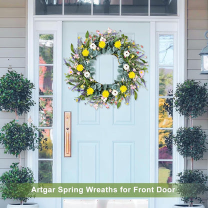 Artgar Spring Wreaths for Front Door, 24 Inch Daisy Wreath, Artificial Spring Summer Wreath with Eucalyptus Leaves Paper Flowers for Indoor Outdoor Home Door Window Wall Wedding Decor
