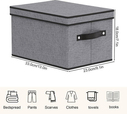 Fabric Storage Boxes, 7.1 x 9.1 x 13 Inch Baskets for Shelves with Lids, Wardrobe Organiser with Handles, Decorative Linen Closet Organizer Bins, Gray, 1 Pack
