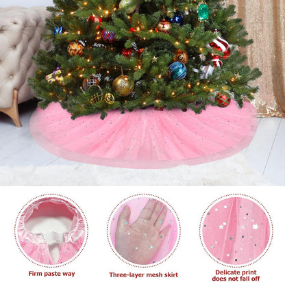 Christmas Wedding Tree Skirt,45 inch 4-Layer Fluffy Romantic Pleated Sparkly Skirt Decoration Xmas Tree Ornament for Holiday and Party(Pink)