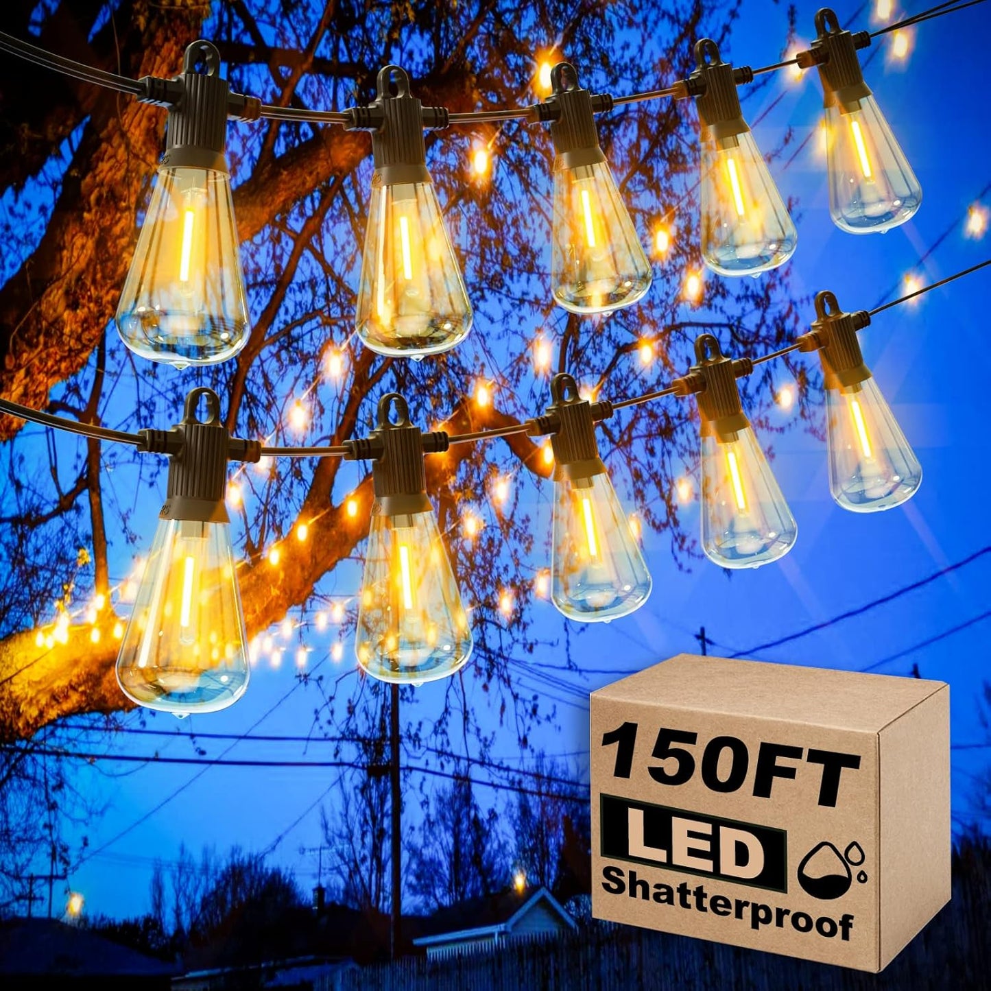 Outdoor String Lights, 150FT LED Patio Lights with 72+3 ST38 Vintage Edison Shatterproof Bulbs, Waterproof Connectable Dimmable Outside Hanging Lights for Backyard Bistro Porch Gazebo(75FTx2)
