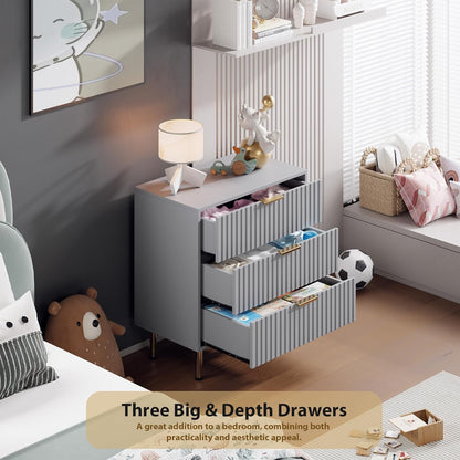 3 Drawer Dresser for Bedroom, Fluted Modern Nightstand with Deep Drawers, Chest of Drawers with Wide Top, Wooden Dresser Organizer, Side Table for Living Room, Hallway, Kids Room, Grey
