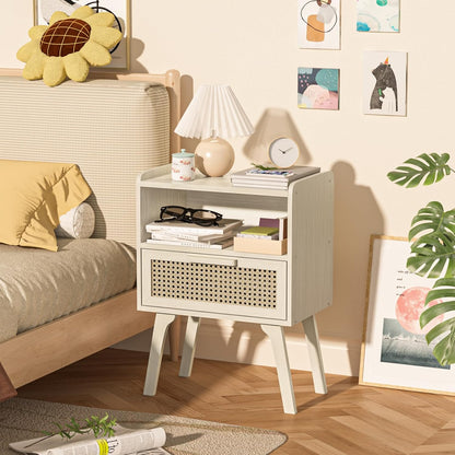 Lerliuo Rattan Nightstands Set of 2, Side Table with Drawer Open Shelf, Cane Accent Bedside End Table, Mid Century Modern Night Stand for Bedroom, Dorm and Small Spaces (Grey White)