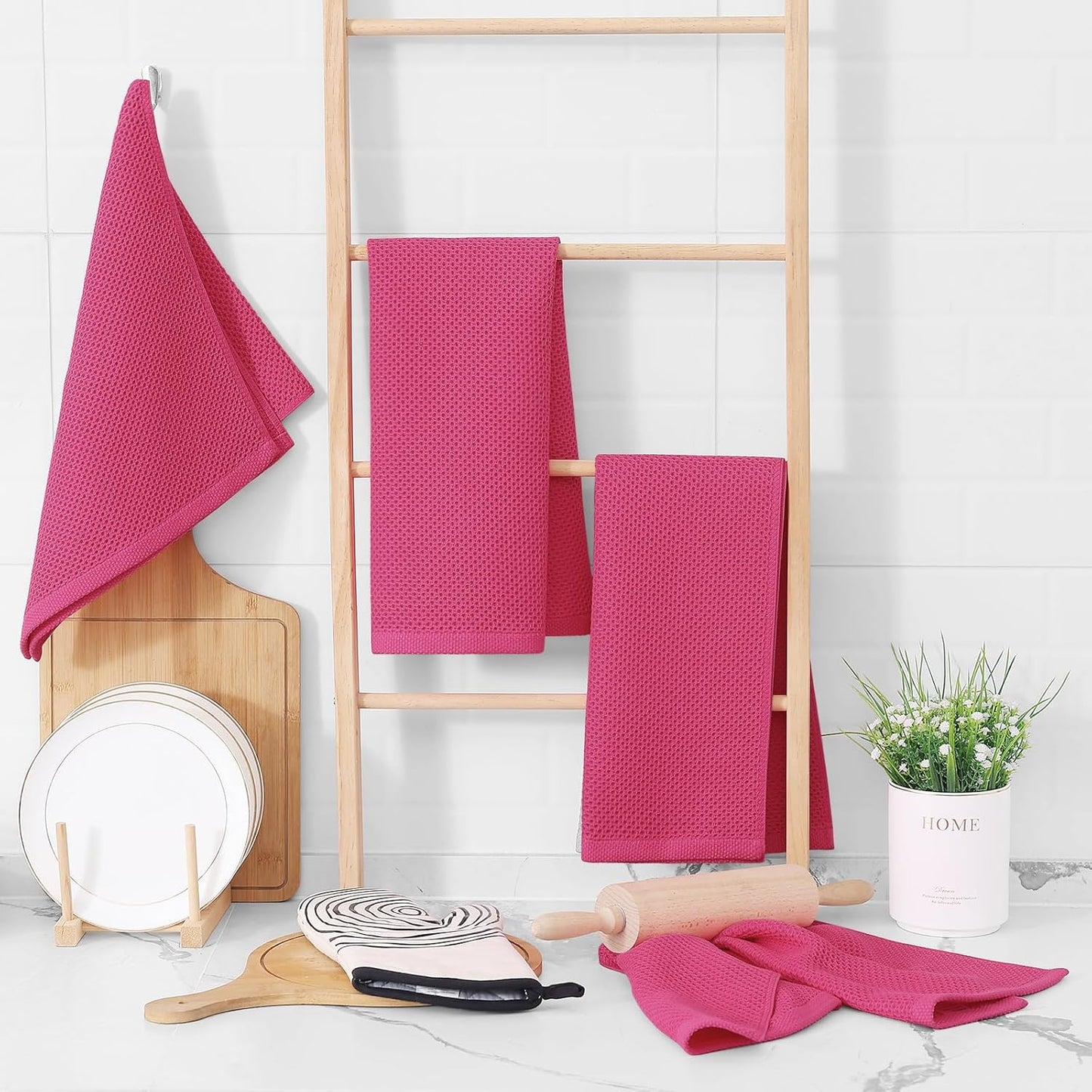 Homaxy 100% Cotton Waffle Weave Kitchen Dish Towels, Ultra Soft Absorbent Quick Drying Cleaning Towel, 13 x 28 Inches, 6-Pack, Hot Pink