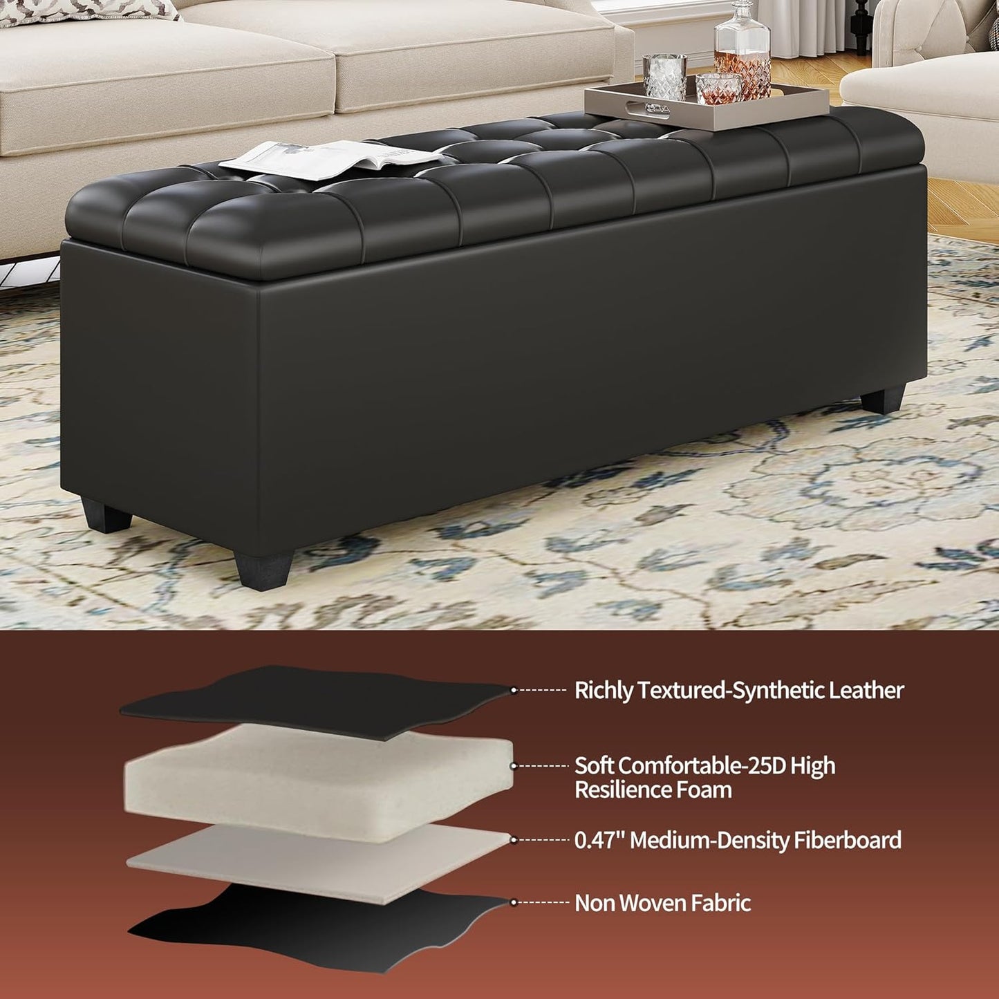 Ottoman with Storage 38 inches, Furniture End of Bed Storage Benches, Long Ottomans Bench with hinged lid, Bench seat Trunk for Foot Rest in Bedroom, Living Room (Black)