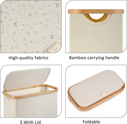 Slim Laundry Basket,Tall laundry Hamper with Lid,60L Hamper for Laundry,Dirty Cloth Hamper with Bamboo Handle for Toys,Towels, Clothes Organizing,Beige