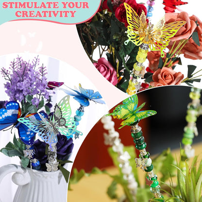 380pcs Beaded Garden Stake, DIY Butterfly Fairy Wand Garden Stake Kit with 10IN Threaded Rod Crystal Stopper Top Large Holes Beads Butterfly Decoration Pendants Outdoor Fairy Garden kit